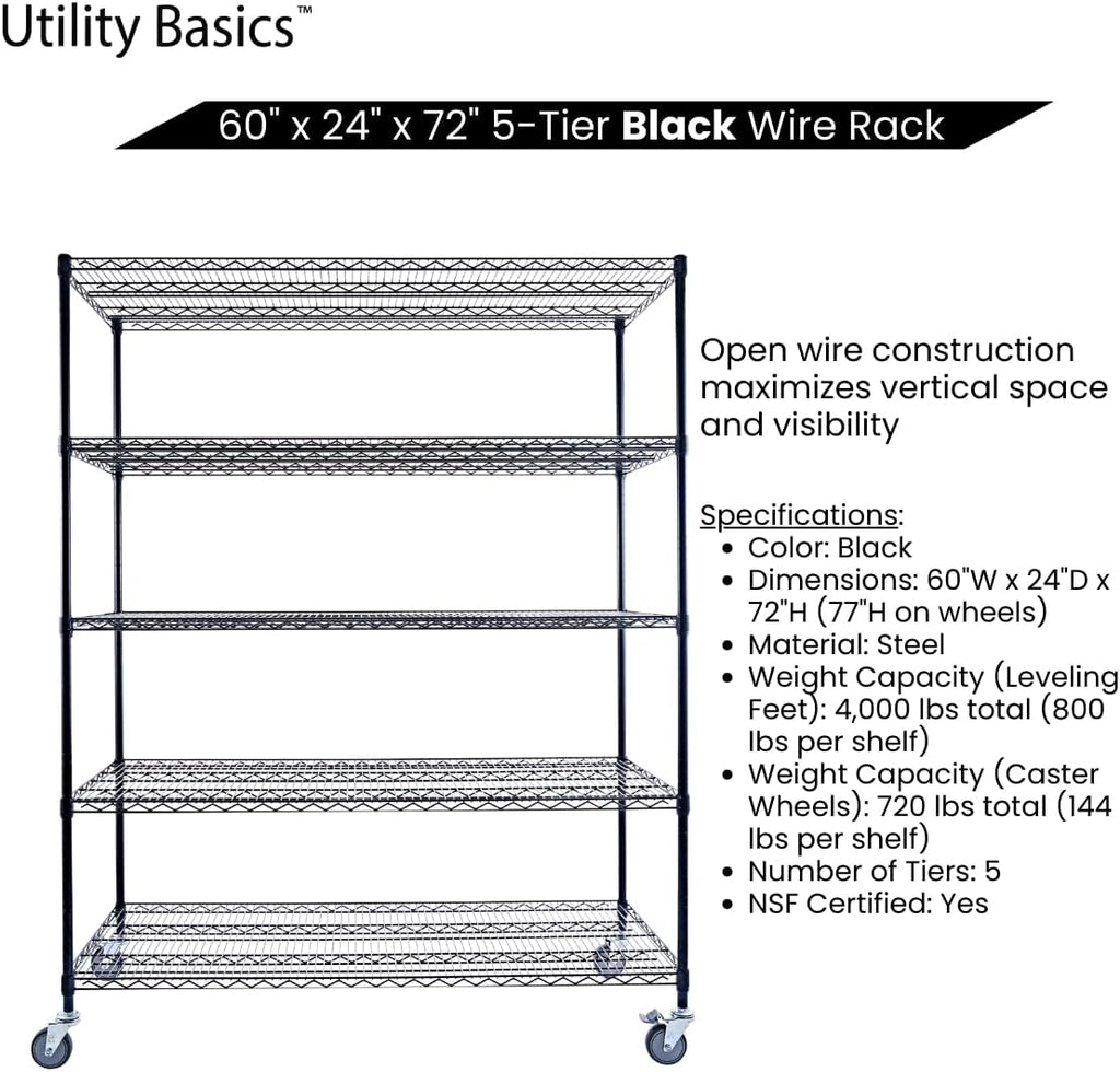 60"x24"x72" Black 5-Tier Premium Metal Wire Shelving NSF 4000 LBS MAX Capacity Heavy Duty Steel Storage Rack for Warehouse, Garage, Hospital, Commercial Space & School w/Premium Wheels