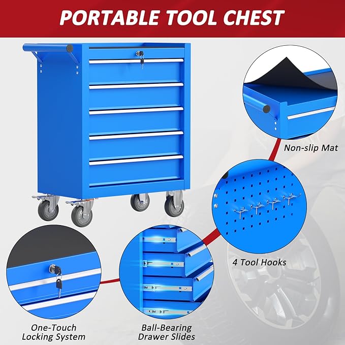 5-Drawers Rolling Tool Box with Wheel,Tool Chest with Wheels, Rolling Tool Box with Locking System, Tool Box with Organizer for Garage, Warehouse, Workshop (Blue, 5 Drawers)