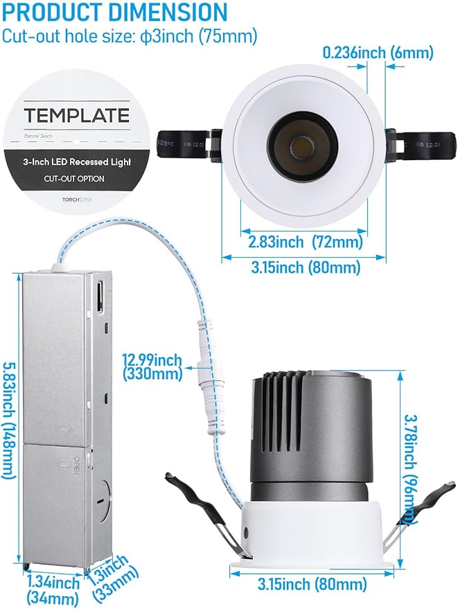 TORCHSTAR 3 Inch 5CCT Anti Glare LED Recessed Lights with J-Box, Trimless Gimbal LED Recessed Ceiling Light, Deep Trim Canless Downlight, 2700-5000K Selectable, Ultra Narrow Frame, ETL FCC, Pack of 4