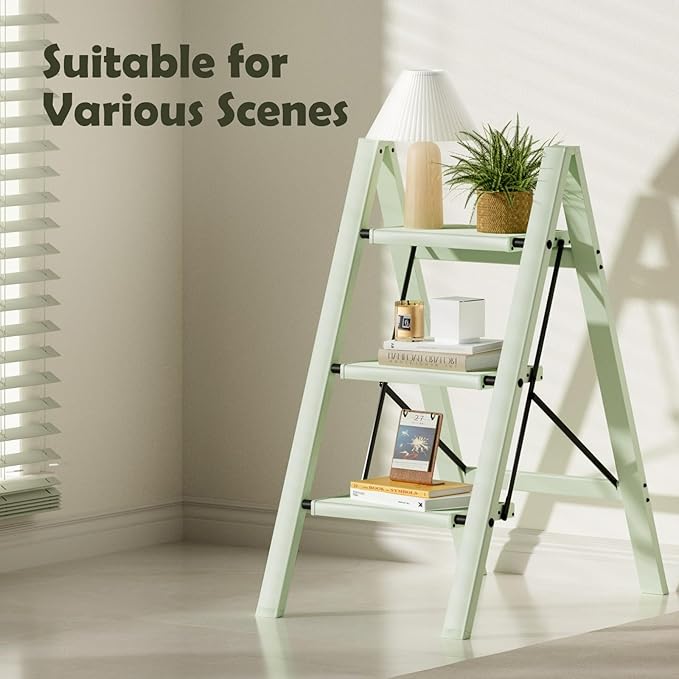 Taranta 3 Step Ladder,Aluminum Lightweight Folding 3 Step Stool with Anti-Slip Wide Pedal,330lbs Capacity Step Ladder for Household,Kitchen,Office - Fairyland Green