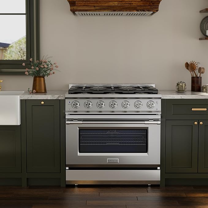 Empava 36 Inch Professional Gas Range with Convection Oven, 6 Sealed Burners (103,000 BTU Total), Wok Burner, Telescopic Racks, Porcelain Cooktop, Stainless Steel Stove, ETL Certified