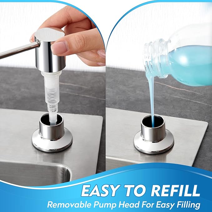 CREA Chrome Built-in Soap Dispenser for Kitchen Sink,Stainless Steel Kitchen Dish Soap Dispenser Pump,in Counter Soap Dispensers Under Sink Mouted Set 39" Tube 17oz Large Bottle