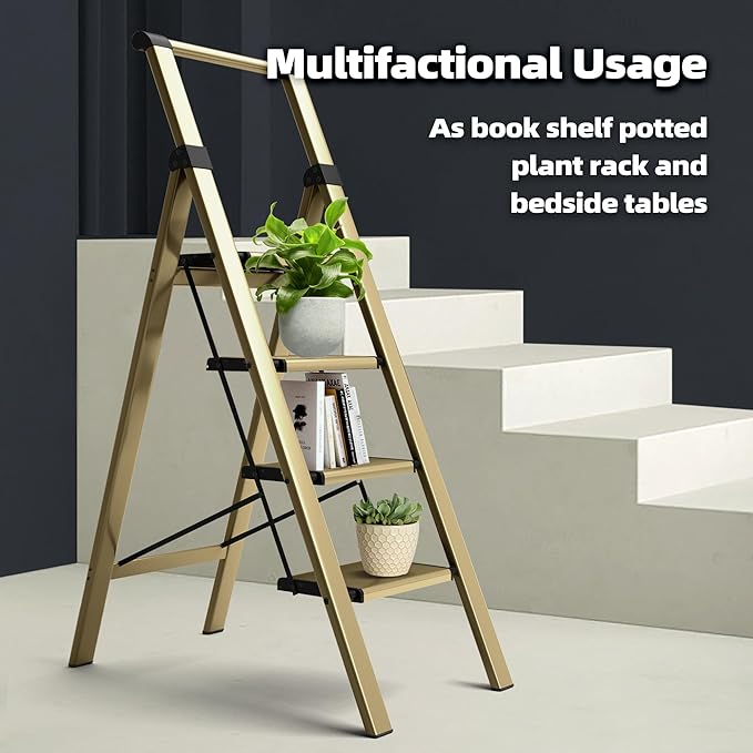 HillhutApex 4 Step Foldable Aluminum Step Ladder with Handgrip, Anti-Slip Pedal, 330 lbs Capacity, Lightweight & Portable for Home, Kitchen, Office, Garage (Gold)