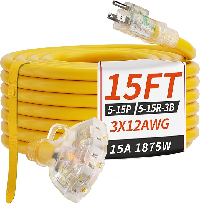 15 FT 12/3 Gauge Outdoor Extension Cord with Multiple Outlets Light Indicator, Flexible 3 Outlet Weatherproof Heavy Duty Extension Cord Waterproof Yellow, 15A 1875W 12AWG SJTW, ETL Listed.