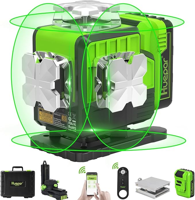 Huepar 12V 4x360 Laser Level Self Leveling with Bluetooth and Remote Control, 4D Green Cross Line Laser, 16 Lines Lazer Leveler Tool for Construction, Upgrraded Bracket, Removable Battery P04CG