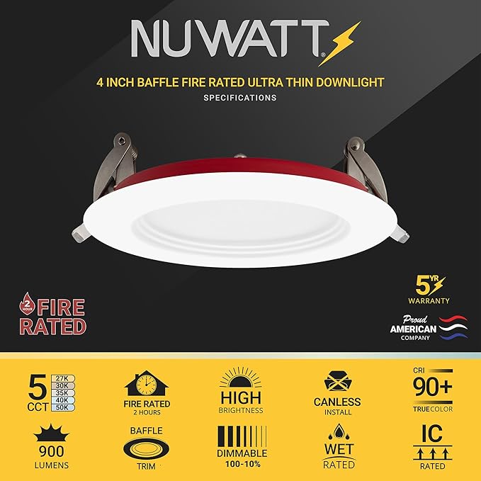 NUWATT 12 Pack 4 Inch 2 Hour FIRE Rated Baffle LED Recessed Lighting, 27K/30K/35K/40K/50K 5CT Selectable, Dimmable, 900LM, IC Rated, 4in Anti-Glare Wafer Lights, Wet Rated Downlight, No Tenmat Needed