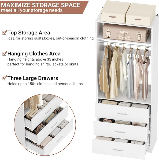 Closet System Set of 4, 8FT Closet Systems with 12 Wood Drawers, 96" Closet Organizer System with 4 Hanging Rods & 4 Shelves, Heavy Duty 96 Inch Walk-in Closet, White (96"L x 15" W x 80" H)