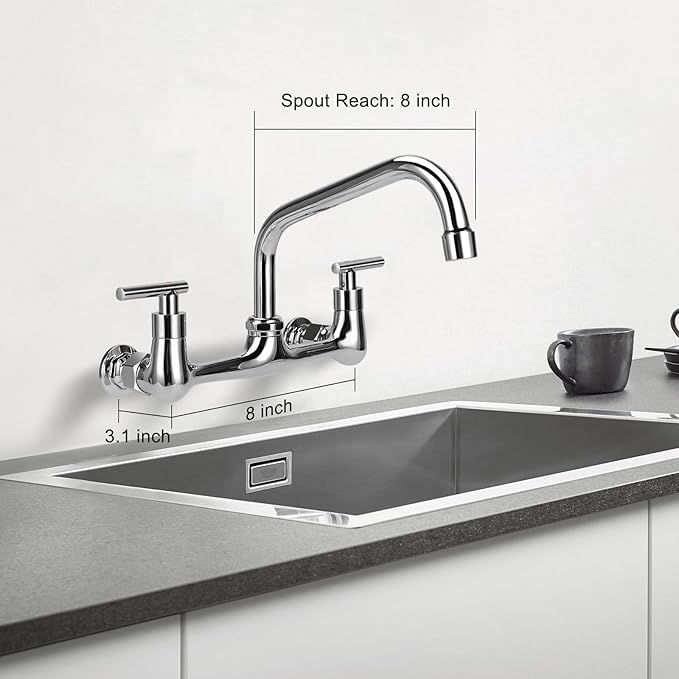 8" Center Wall Mount Faucet, Commercial Kitchen Sink Faucet with 8" Swivel Spout 2 Handle Wall Mount Utility Sink Faucet for Restaurant & Laundry Room & Compartment Sink