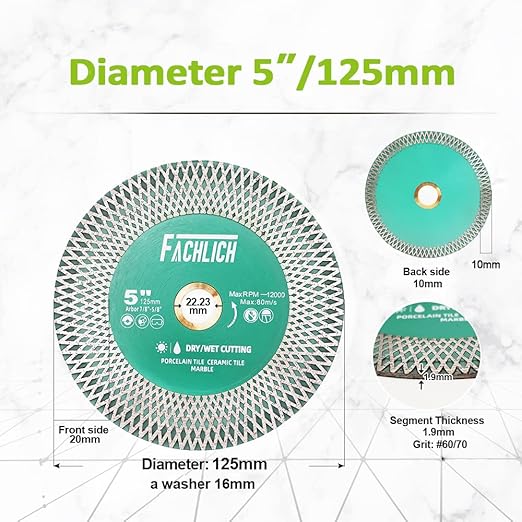 Tile Saw Blade 5" Diamond Blade 2pcs 125mm for Cutting and Grinding Ceramic Tile Porcelain Marble Granite