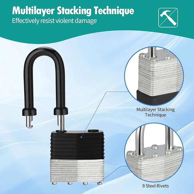 HOX 6-Pack Weather Resistant Padlocks – 40mm Laminated Steel, Chrome Plated with 2-inch Shackle, Vinyl Wrapped, Hardened Steel for Extra Security