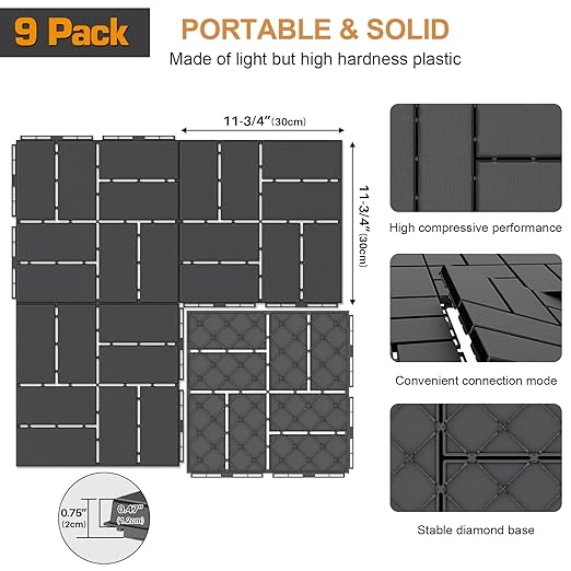 Goovilla Plastic Interlocking Deck Tiles, 9 Pack Outdoor Patio Flooring, 12"x12" Interlocking Decking Tile Outdoor All Weather Use, Waterproof Patio Pavers for Pool Balcony Backyard Porch, Dark Grey