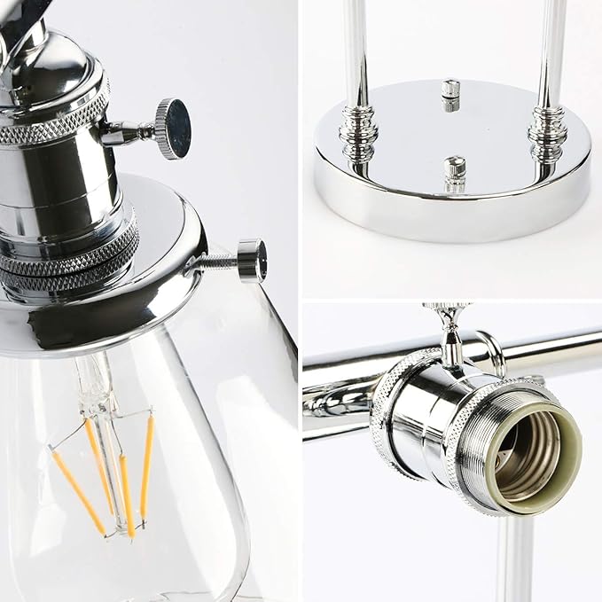 Phansthy 3-Light Wall Sconces Antique Brass Vanity Light, Industrial Wall Lamps with On Off Switch and Clear Glass Lampshade, Vintage Wall Lighting for Bathroom Living Room (Chrome, Bell Shade)