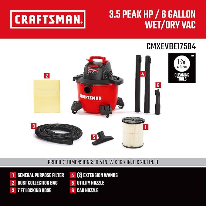 CRAFTSMAN CMXEVBE17584 6 Gallon 3.5 Peak HP Wet/Dry Shop Vac, Portable Shop Vacuum Wet and Dry with Filter, Dust Bag, Hose and Attachments for Home, Garage and Automotive Cleaning
