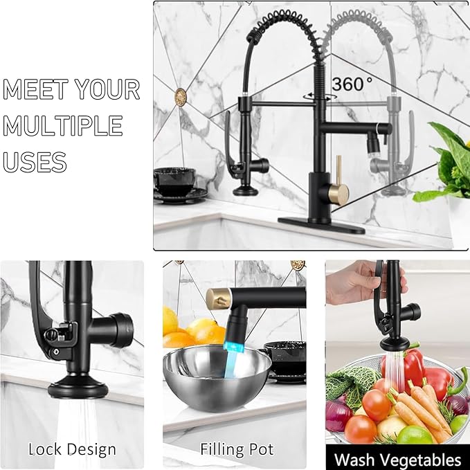Smart Kitchen Faucet, 3 Modes Pull Down Sprayer, LED Temperature Control, Ceramic Valve,360-Degree Rotation,1 or 3 Hole Deck Plate, Double Spout. 10-Year Warranty. (KW-05GR. Brushed Gold/Black)