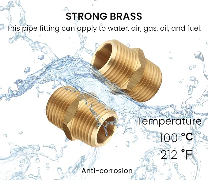1/2 inch x 1/2 inch NPT Brass Hex Nipple Male Pipe Adapter, Thread 0.75" OD to 0.75" OD (2 Piece)