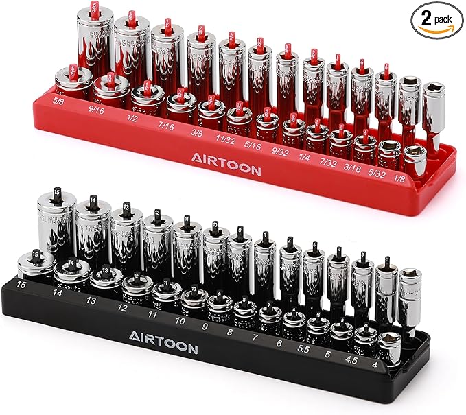 AIRTOON 1/4-Inch Drive Socket Organizer Trays, 2-Piece SAE and Metric Socket Tray Set, Deep and Standard Socket Holders Organizers for Toolbox, Black & Red