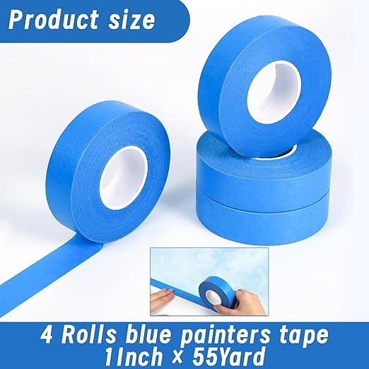 4 Rolls Painters Tape, 1Inch x 55 Yards Blue Painters Tape Washi Painters Tape Multi-Surface Blue Masking Tape for Wall Painting Masking Edge Treatment DIY, Home Use