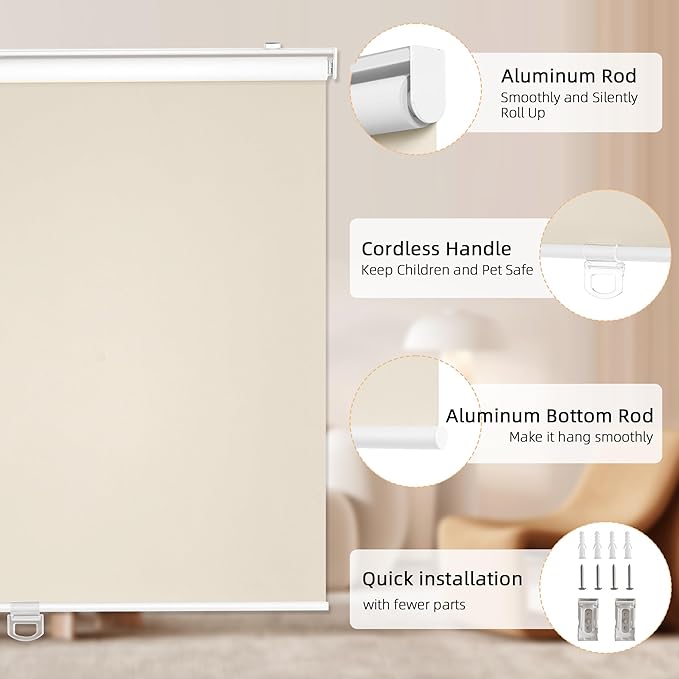 ChrisDowa Cordless Blackout Roller Shades for Windows, Thermal Insulated UV Protection Pull Down Shades, Total Blackout Window Blinds for Home, Office, Bedroom, Door (20" W x 72" H, Beige)