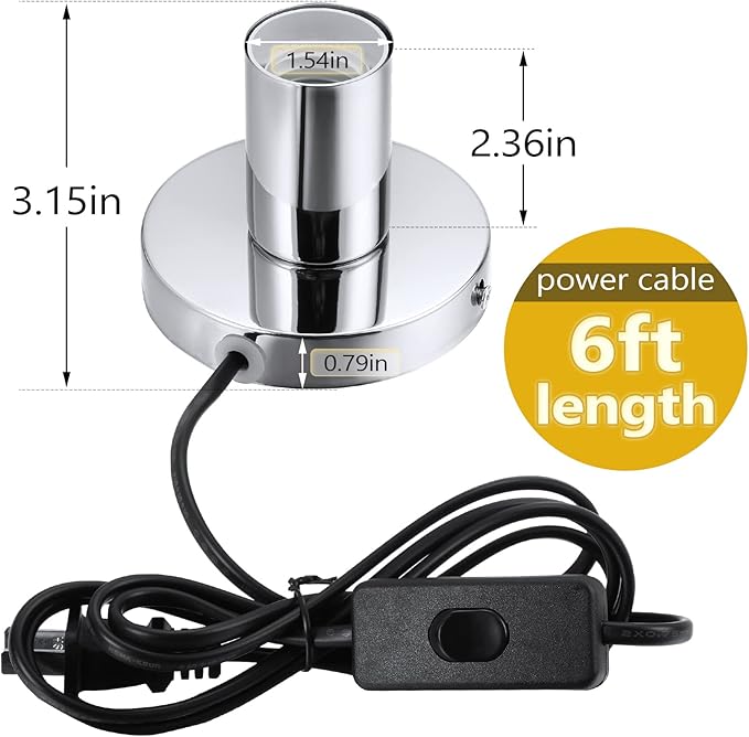 Tuanse 2 Pcs Polished Metal Desktop Lamp Base E26 E27 Screw Light Bulb Holder Sockets Night Light Base Lamp Replacement for Holding Bulb 6 Feet Cord on Off Switch Plug(Silver)