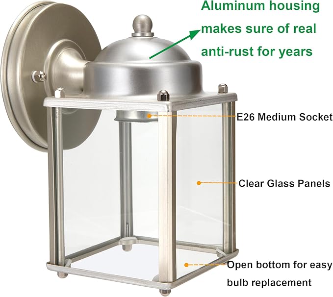 LIT-PaTH Outdoor Wall Lantern, Wall Sconce as Porch Lighting Fixture, E26 Medium Base, Aluminum Housing Plus Glass, Bulbs NOT Included, 2-Pack, Nickel Finish