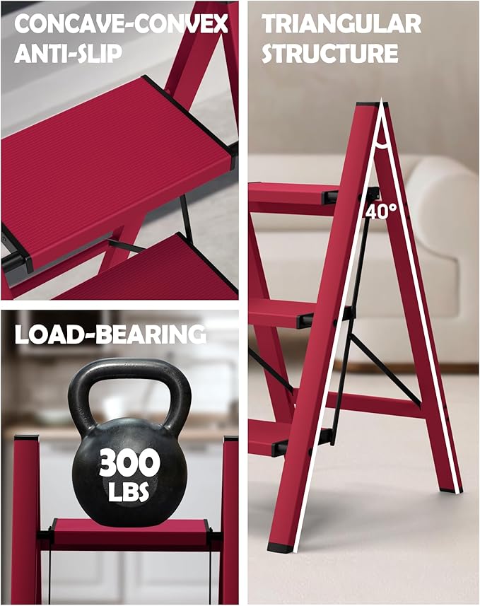 Taranta 3 Step Ladder,Aluminum Lightweight Folding 3 Step Stool with Anti-Slip Wide Pedal,330lbs Capacity Step Ladder for Household,Kitchen,Office - Red