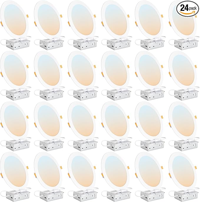 DLLT LED Recessed Ceiling Light: 24 Pack 8 Inch Slim Recessed Lighting for Kitchen - 5CCT Dimmable Canless Wafer Downlight for Living Room - 1800LM Brightness 18W LED Can Lights for Bedroom ETL FCC