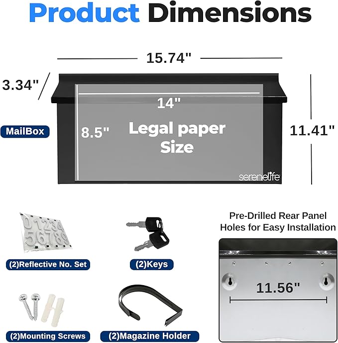 SereneLife Outdoor Wall Mailbox & Newspaper Holder | 0.24 FT Cubic Mailbox | Easy Installation, Secure Lock Mechanism | Ideal for Residential or Commercial Use | Wall Mountable | 15x3x11 in | Black