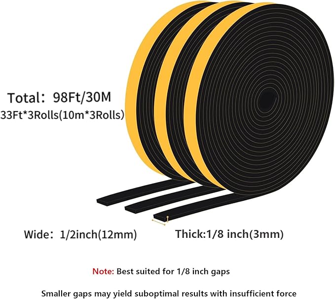 Strong Adhesive Insulation Tape, High Density Foam Weather Stripping Door Seal, Door Seal for Doors and Windows, Soundproof Weatherproof Foam Seal Tape, Noise Reduction(1/2 In x 1/8 In x 98Ft)