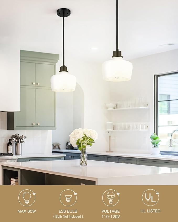 Emak 2 Pack 8 Inch Milk Glass Pendant Lights Kitchen Island, Modern Farmhouse Black Pendant Light Fixtures for Kitchen Island, Bathroom, Dining Room, PL122-BK-ML-2PK