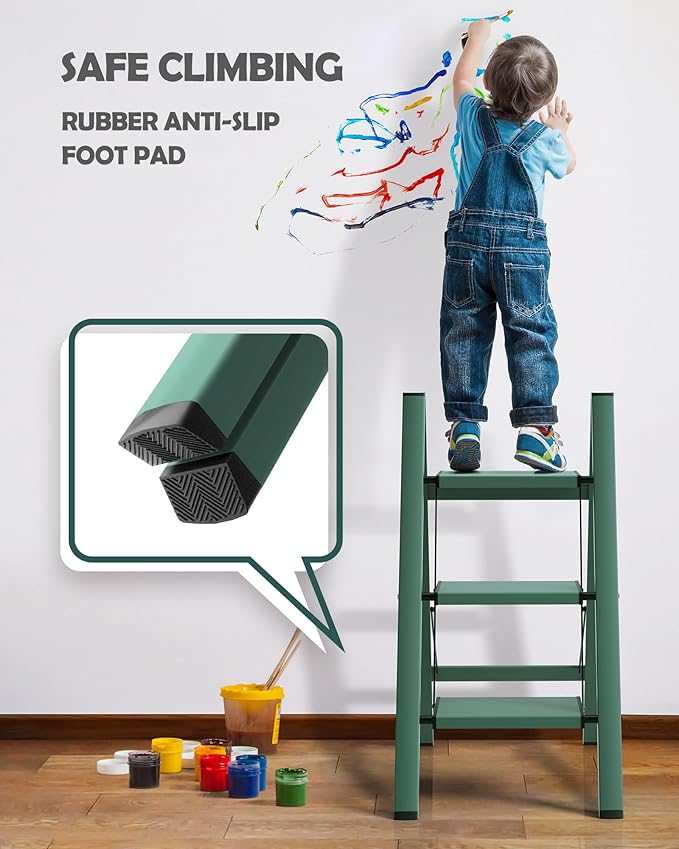 Taranta 3 Step Ladder,Aluminum Lightweight Folding 3 Step Stool with Anti-Slip Wide Pedal,330lbs Capacity Step Ladder for Household,Kitchen,Office - Green