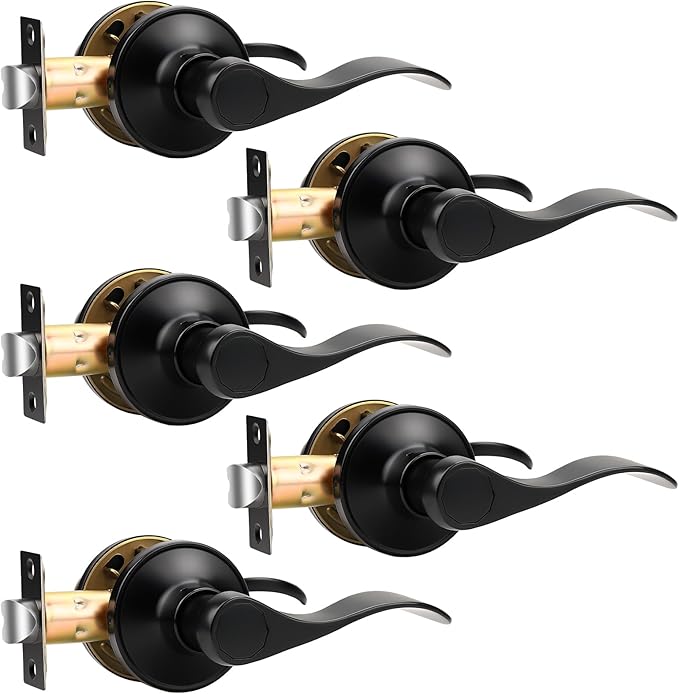 Knobonly 5 Pack Matte Black Pasage Door Levers Interior Door Handles for Hallyway andCloset Door Knobs Keyless Black Door Handles with Lock, Zinc Alloy Reversible for Right/Left