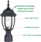 LIT-PaTH Outdoor Post Lighting Fixture Pole Lantern, E26 Medium Base Max 60W, Aluminum Housing Plus Glass, Matte Black Finish, 1-Pack