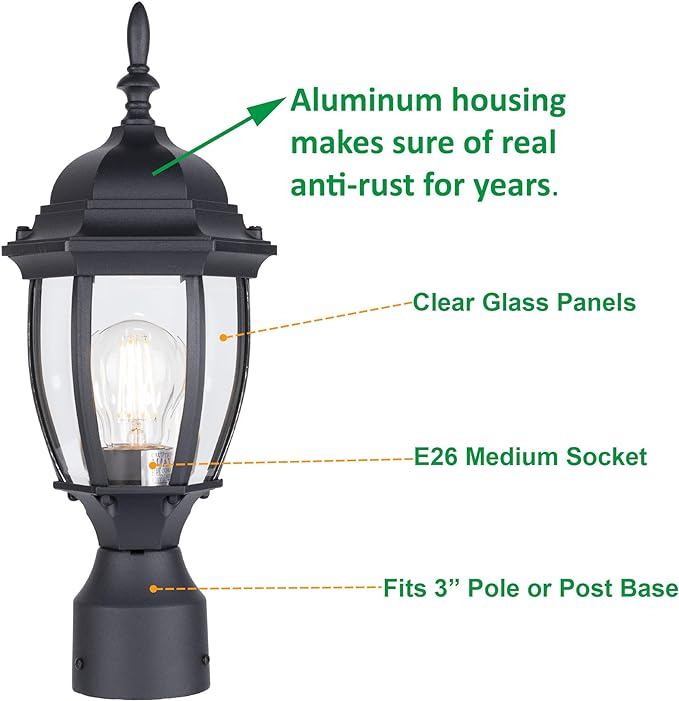 LIT-PaTH Outdoor Post Lighting Fixture Pole Lantern, E26 Medium Base Max 60W, Aluminum Housing Plus Glass, Matte Black Finish, 1-Pack