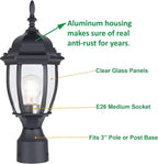 LIT-PaTH Outdoor Post Lighting Fixture Pole Lantern, E26 Medium Base Max 60W, Aluminum Housing Plus Glass, Matte Black Finish, 2-Pack