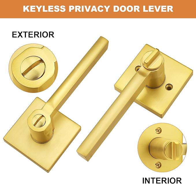 Probrico Gold Privacy Door Handle Lockset Heavy Duty Square Satin Brass Interior Door Lever for Bedroom or Bathroom Reversible Keyless Handleset Door Knob Slim Handed Levers, 5 Pack