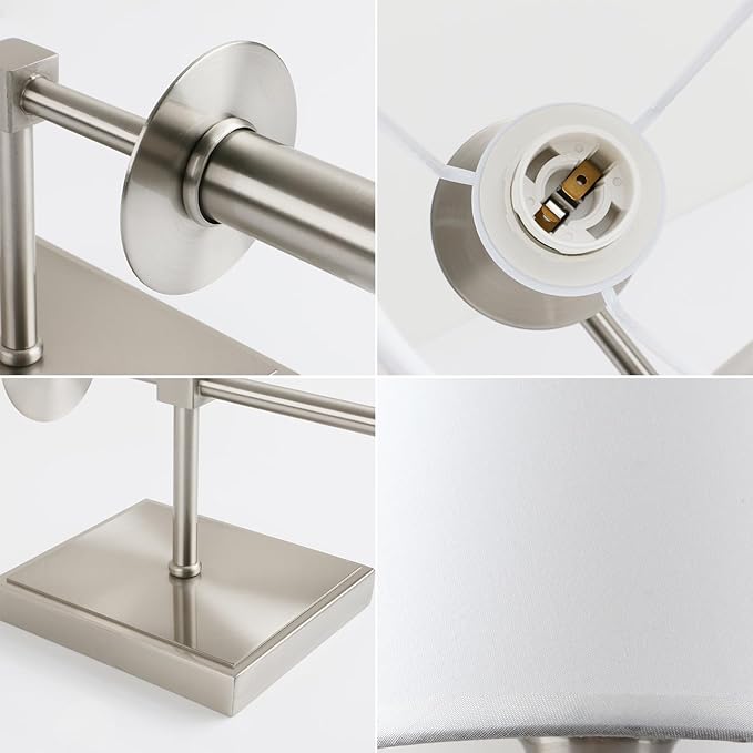 PERMO Single Classic Rustic Industrial Wall Sconce Hardwired Lighting Fixture with Flared White Textile Lamp Shade and Brushed Nickel Tapered Column Stand,Hardwired E26 Base