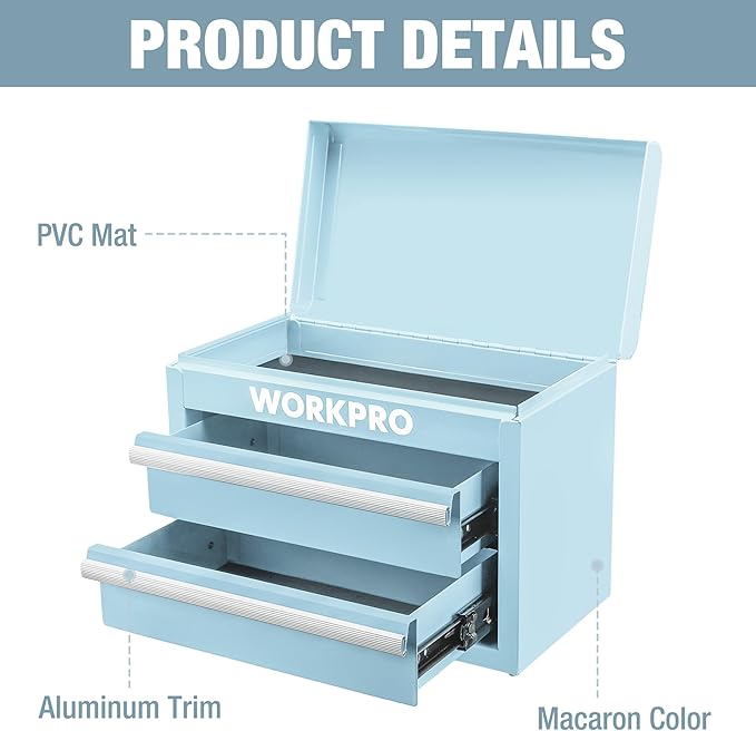 WORKPRO Metal Mini Tool Box, Top Tool Chest Containing Two Drawers with Ball Bearing Slides, PVC Drawer Liners and PP Feet Pads, Durable Cold Rolled Steel Small Toolbox for Multi-Purpose Storage