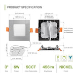 ASD 6 Pack LED Square Recessed Lighting 3 Inch, 5 CCT 2700K-5000K, 6W 30W Eqv, Ultra Thin Dimmable Ceiling Lights with J Box, Canless Wafer Downlight, Slim Panel Light, UL Energy Star, Brushed Nickel