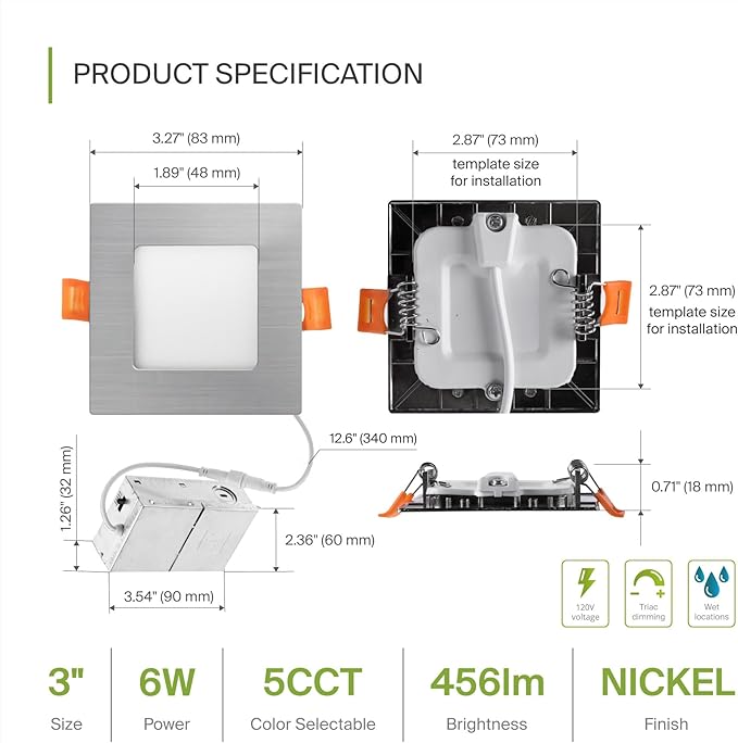 ASD 6 Pack LED Square Recessed Lighting 3 Inch, 5 CCT 2700K-5000K, 6W 30W Eqv, Ultra Thin Dimmable Ceiling Lights with J Box, Canless Wafer Downlight, Slim Panel Light, UL Energy Star, Brushed Nickel