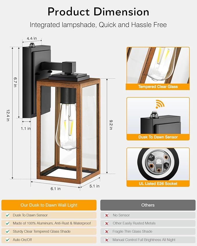 VIANIS Dusk to Dawn Wall Lights, Wood Grain Exterior Light Fixture, Clear Glass Garage Light, Modern Outdoor Lights Sconce with Waterproof, Anti-Rust, Weather Resistant for Patio, E26 Socket