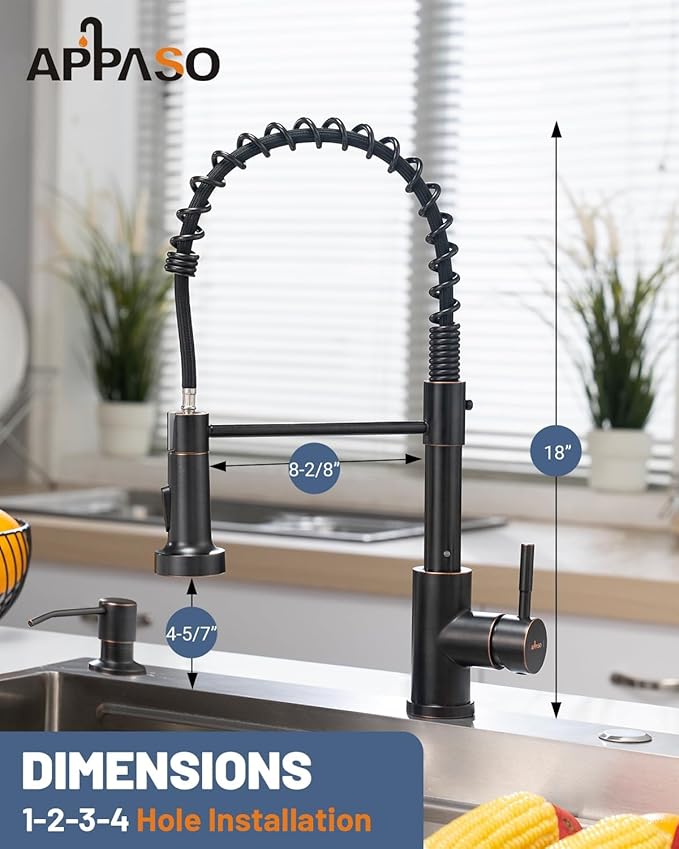 APPASO Bronze Kitchen Faucet with Soap Dispenser, ORB Pull Down Kitchen Sink Faucet, SUS304 Stainless Steel Single Handle High Arc Spring Faucet, Oil Rubbed Bronze