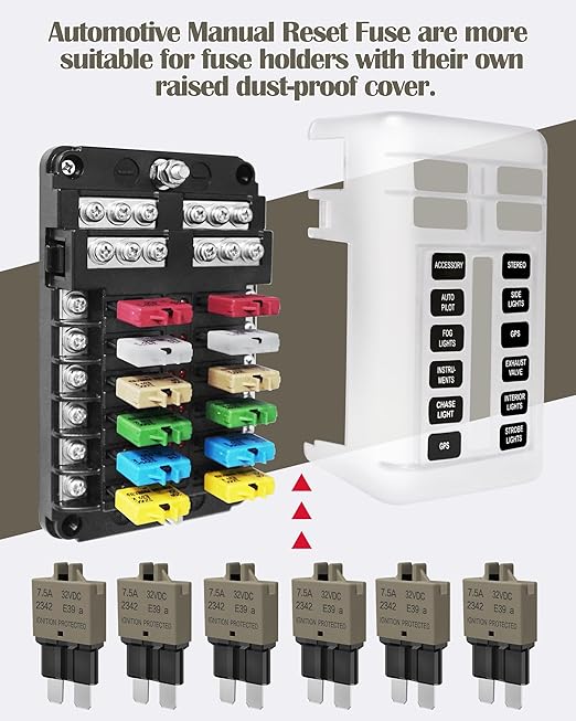Automotive Resettable Standard 7.5A Fuse ATO Manual Reset Blade Fuses Circuit Breaker for Boat Truck SUV Car Motorcycle DC 32V - ATC 7.5amp Assortment Kit