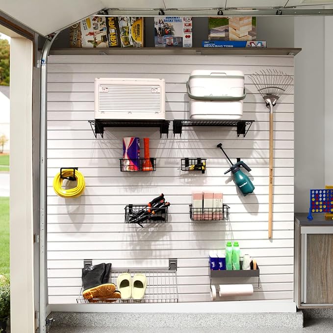 Slatwall Shelves, 24" x 11.4" Heavy Duty Metal Tool Storage Slat Wall Accessories Shelf Mesh Storage Rack for Garage, Workshop, Basement and Kitchen, Max Load 50 lbs (Black,2 Pack)