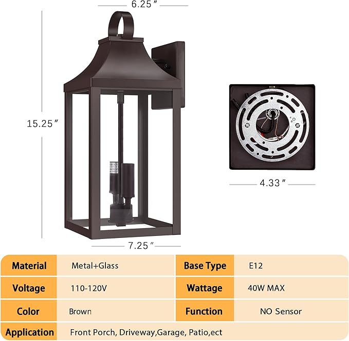 15" Black Outdoor Wall Lantern 2-Light, Outside Modern Wall Sconce Light Fixture, Industrial Porch Light Wall Mount with E12 Sockets, Waterproof Exterior Lamp Lighting, Brown
