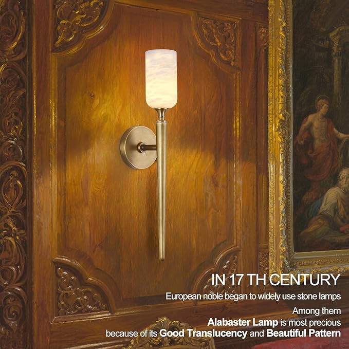 Alabaster Wall Sconces Set of Two, 22in Modern Spanish Natural Marble Bathroom Vanity Sconces, Brass Alabaster Sconce Wall Lighting, Gold Wall Light Fixtures Decor for Bedroom Living Room Staircases