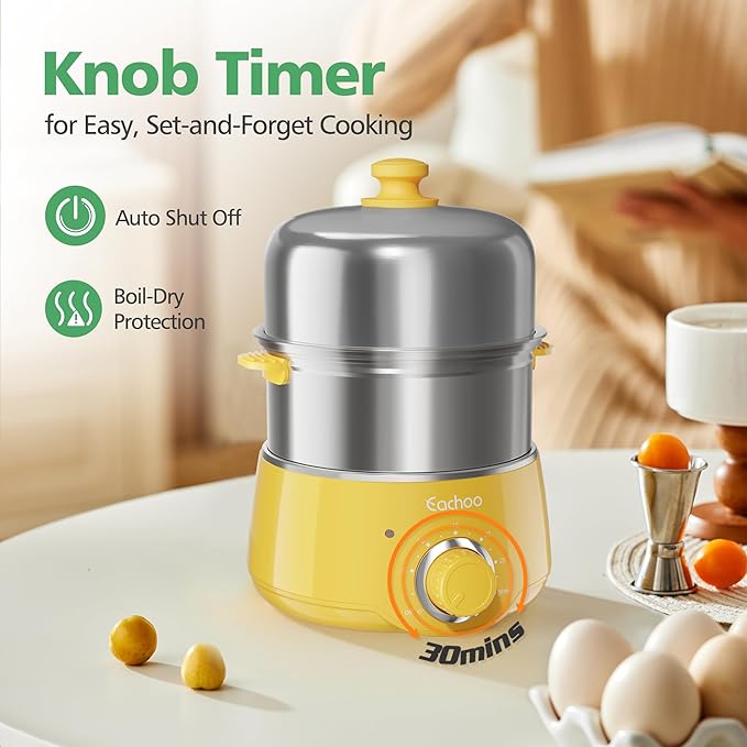 Hard Boiled Egg Cooker - CACHOO 14-Egg Rapid Stainless Steel Egg Boiler with 30-Min Timer & Auto Shut Off, Compact Electric Vegetable Steamer for Cooking, Dishwasher Safe, Retro Yellow