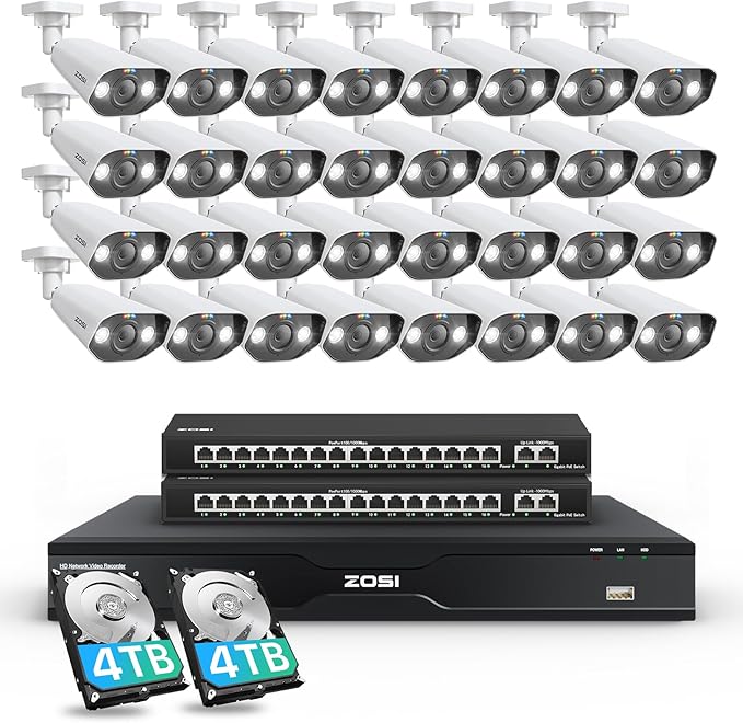 ZOSI 32 Channel 4K PoE Security Camera System, 32x 8MP Spotlight Commercial Cameras Outdoor Indoor, Face Person Vehicle Detection, 2 Way Audio, 32CH 4K Surveillance NVR with 8TB HDD for 24/7 Recording