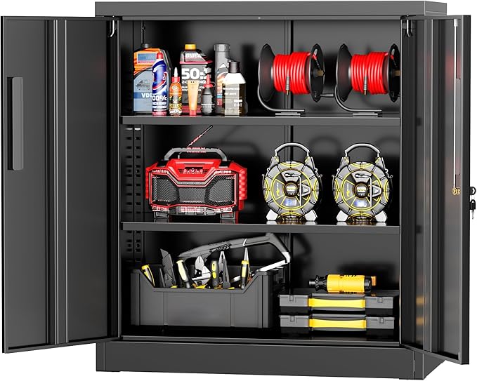 Greenvelly Metal Storage Cabinet, 36" Locking Storage Cabinet with Doors and Shelves, Lockable Storage Cabinets for Home Office, Utility Locker Cabinet, Steel Garage Cabinet with 2 Keys, Black