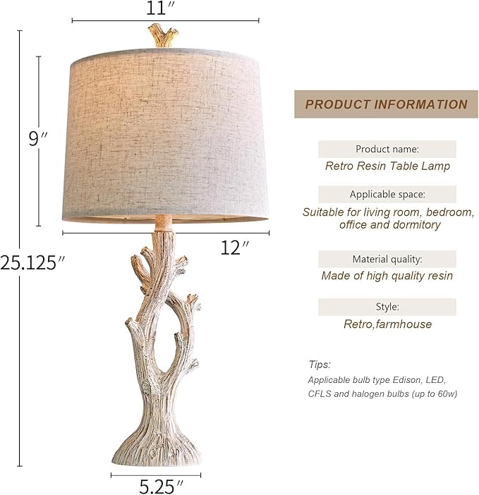 OYEARS Farmhouse Table Lamps Set of 2 for Living Room Bedroom Bedside Tree Lamp Nightstand End Table 25" Lamps Vintage Natural Style