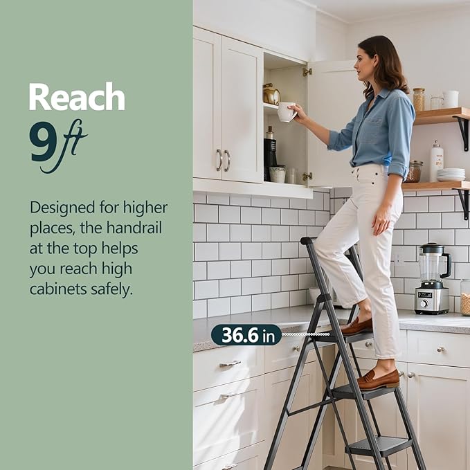 WOA WOA 4 Step Ladder, Foldable Ladder with Wide Pedals and Handle, Sturdy Ladders for Home and Kitchen with Anti-Slip Feet, Supports up to 330 lbs - Black